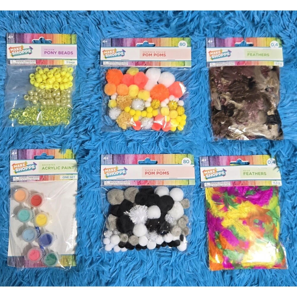 Fun Lot Bundle For Crafters 6 Packs Assorted- Beads, Paint, Pom Poms, & Feathers